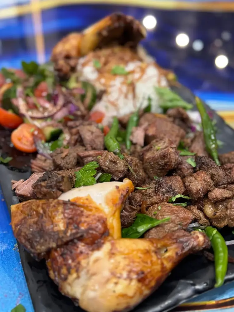 Charcoal-grilled mixed platter at Original Shawarma Grill